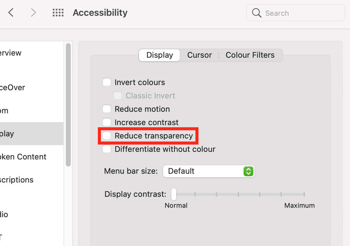 reduce transparency option in macos system preferences